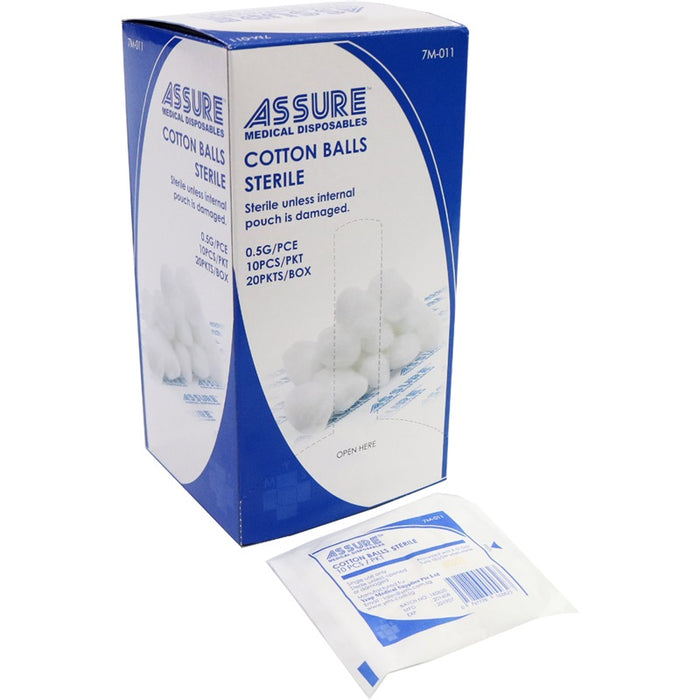 ASSURE COTTON BALL STERILE 0.5G 10PC/PKT, 20 PKT/BOX