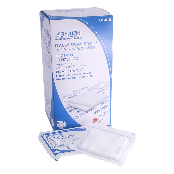 ASSURE STERILE GAUZE SWAB 7.5CM, 12PLY 5PCS/PACK,30PACKS/BOX