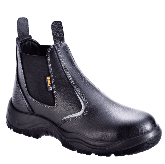 SAFETYFIT D12706 BLACK BUFFALO FULL GRAIN LEATHER ELASTIC SLIP-ON BOOT WITH LEATHER TAB DUAL DENSITY PU OUTSOLE