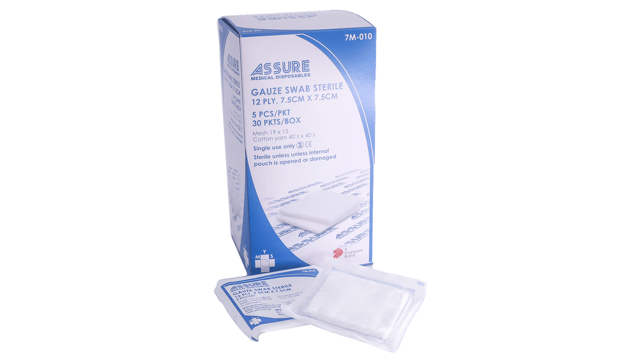 ASSURE STERILE GAUZE SWAB 7.5CM, 12PLY 5PCS/PACK,30PACKS/BOX